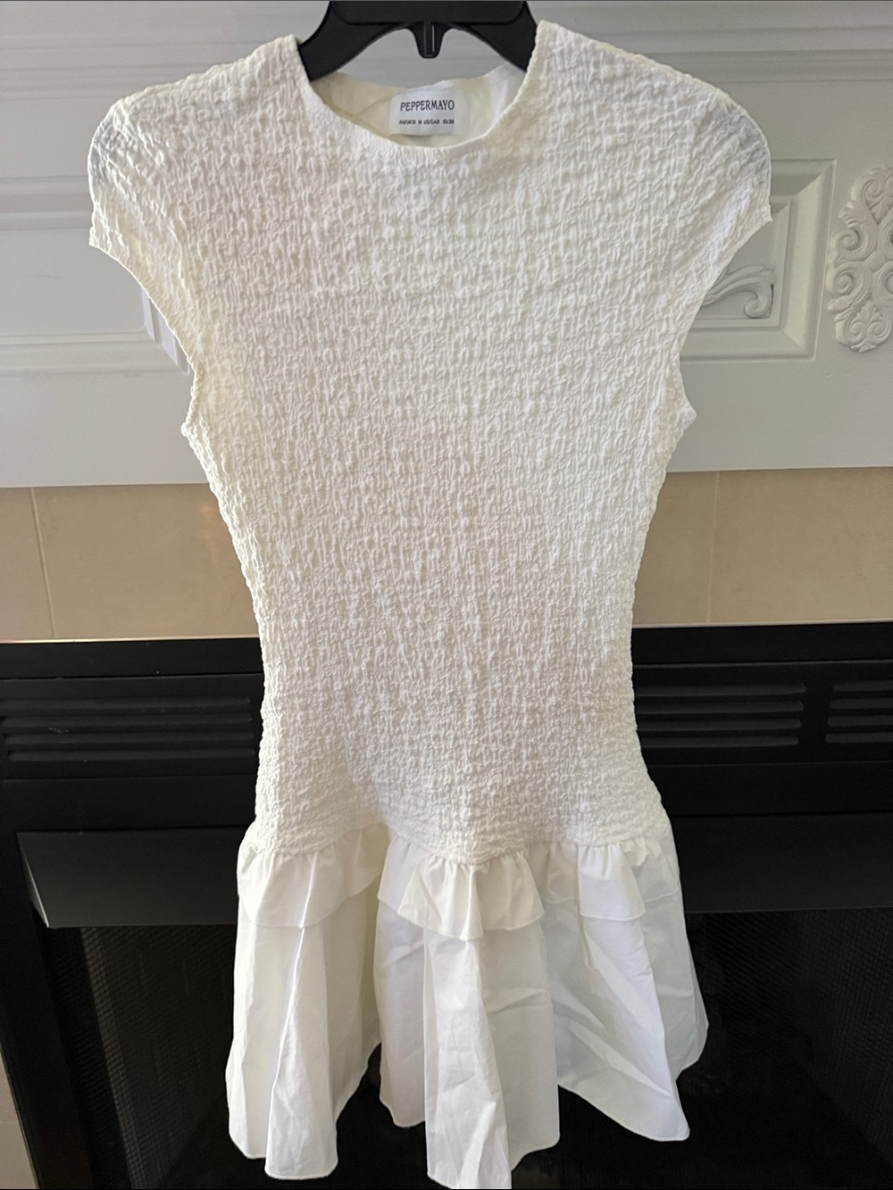 Peppermayo White Textured Cap-Sleeve Ruffle-Hem Mini Dress